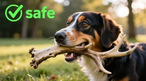 A healthy dog chewing on a sanitized deer antler, showing no sharp edges, with a green “safe” checkmark overlay