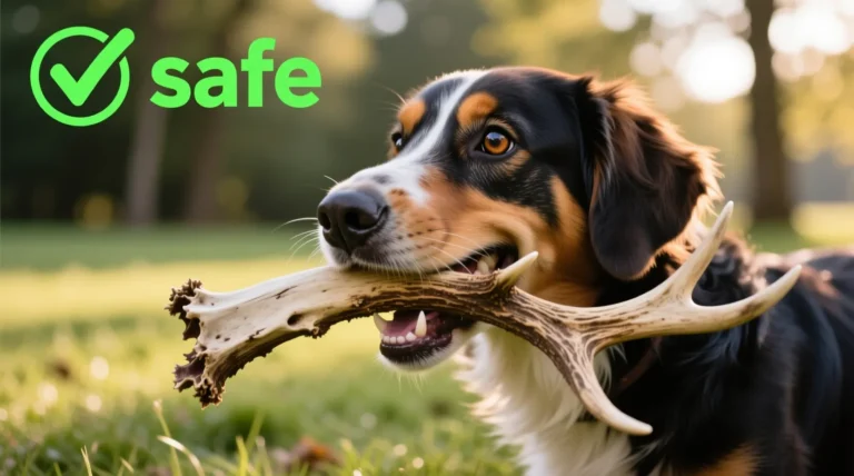 A healthy dog chewing on a sanitized deer antler, showing no sharp edges, with a green “safe” checkmark overlay