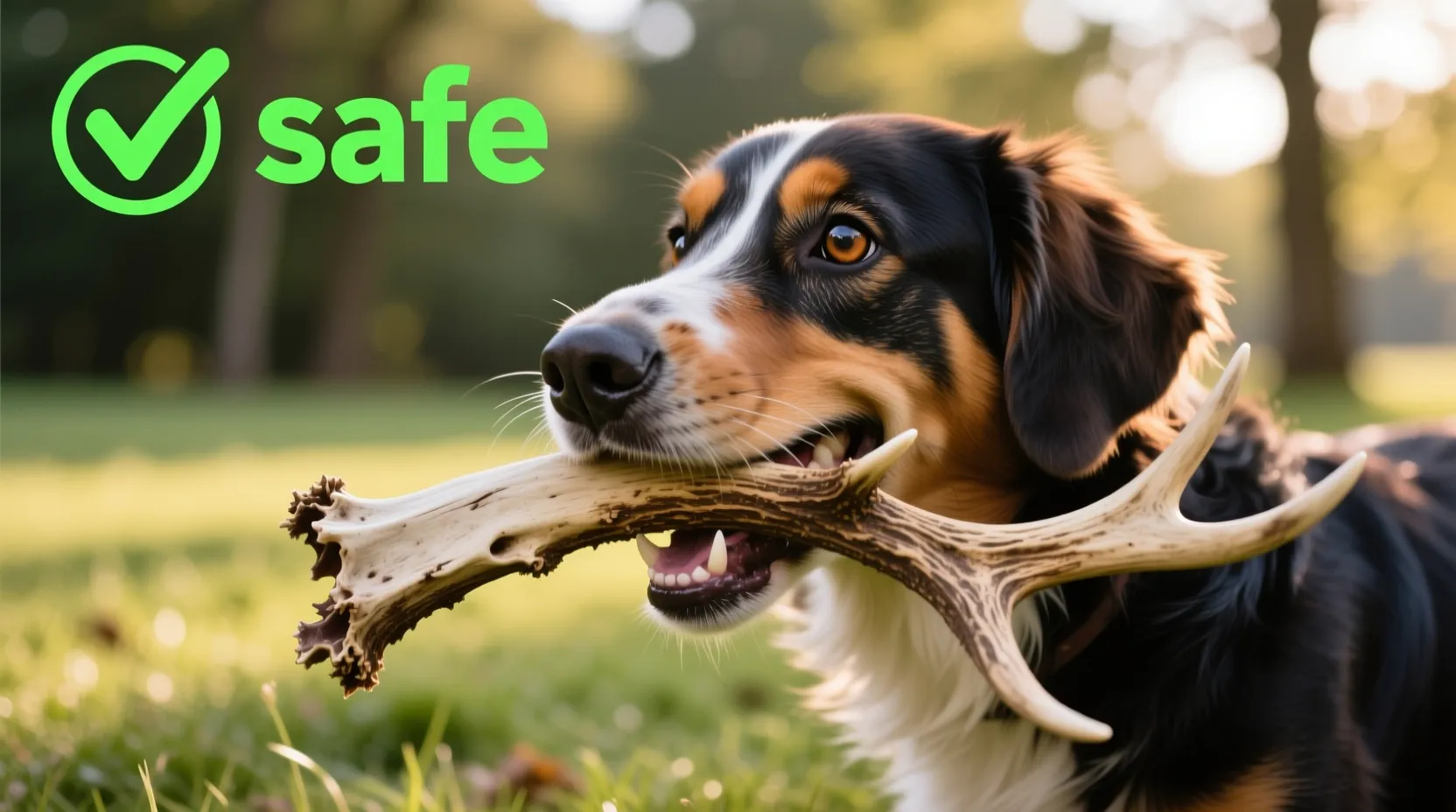 A healthy dog chewing on a sanitized deer antler, showing no sharp edges, with a green “safe” checkmark overlay