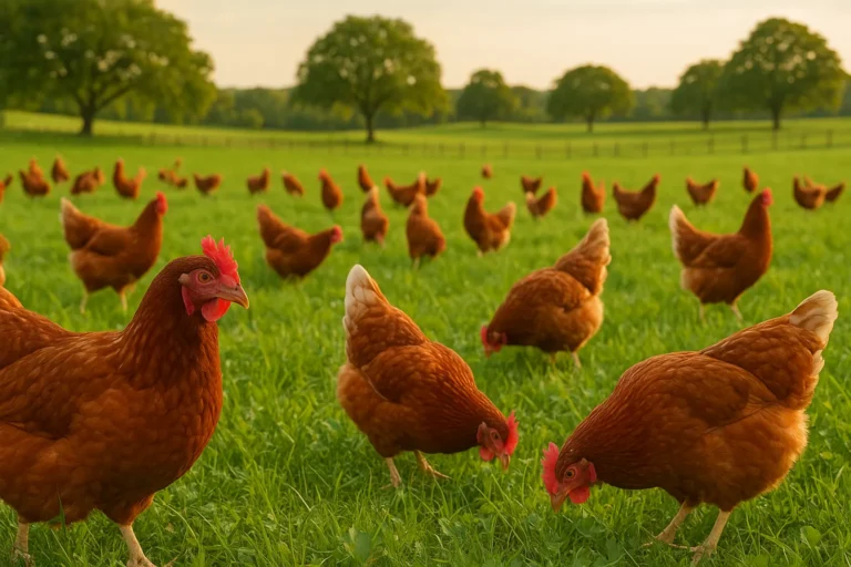 Healthy backyard chickens free-ranging in grass
