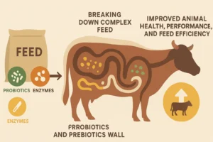 Infographic on how feed additives improve digestion and health in livestock