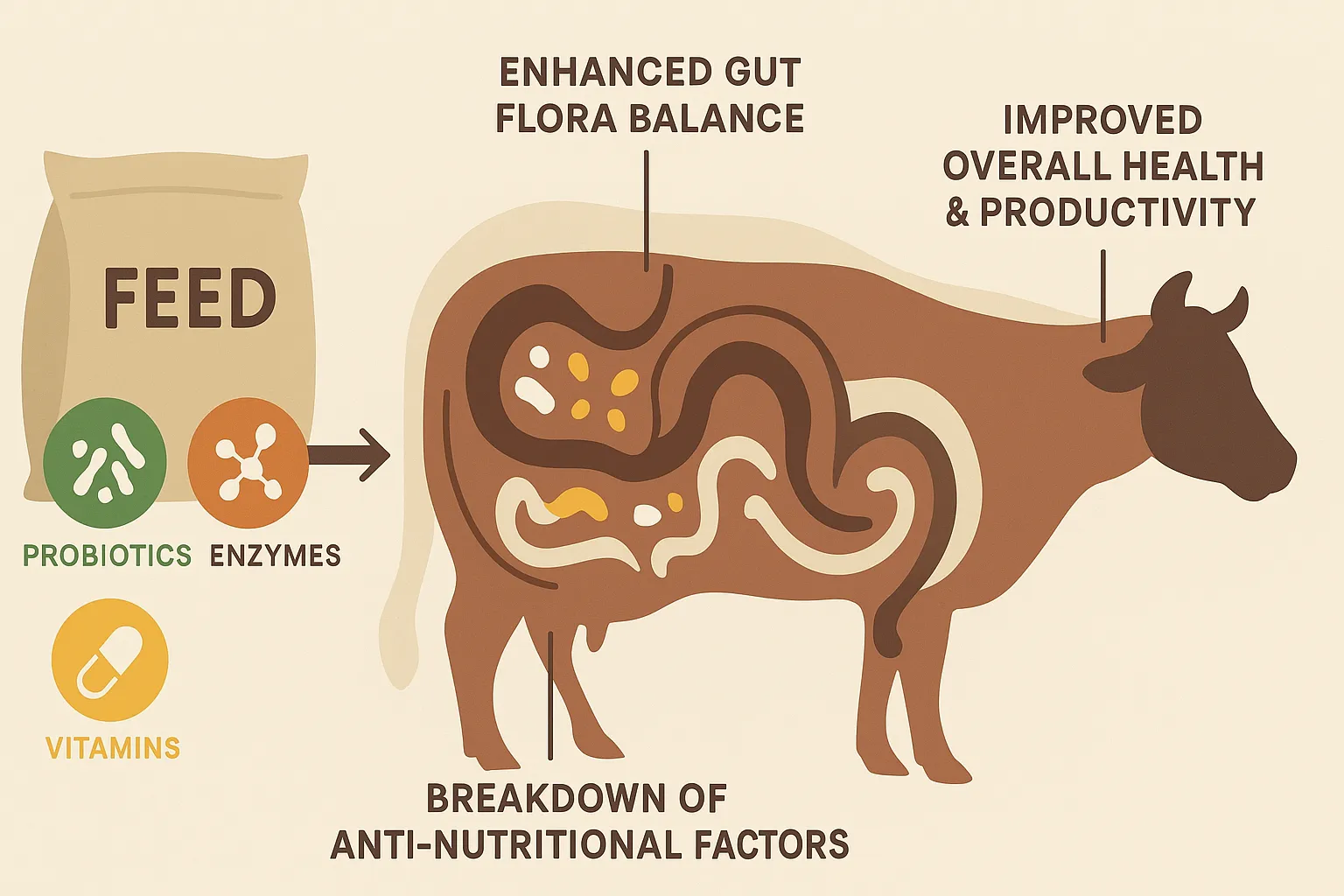 Modern feed additives improving animal gut health and digestion process
