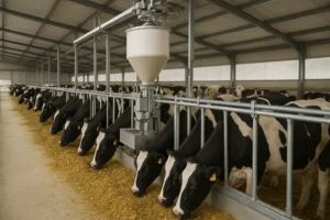 Modern feed supplement distribution system for a dairy herd on a farm