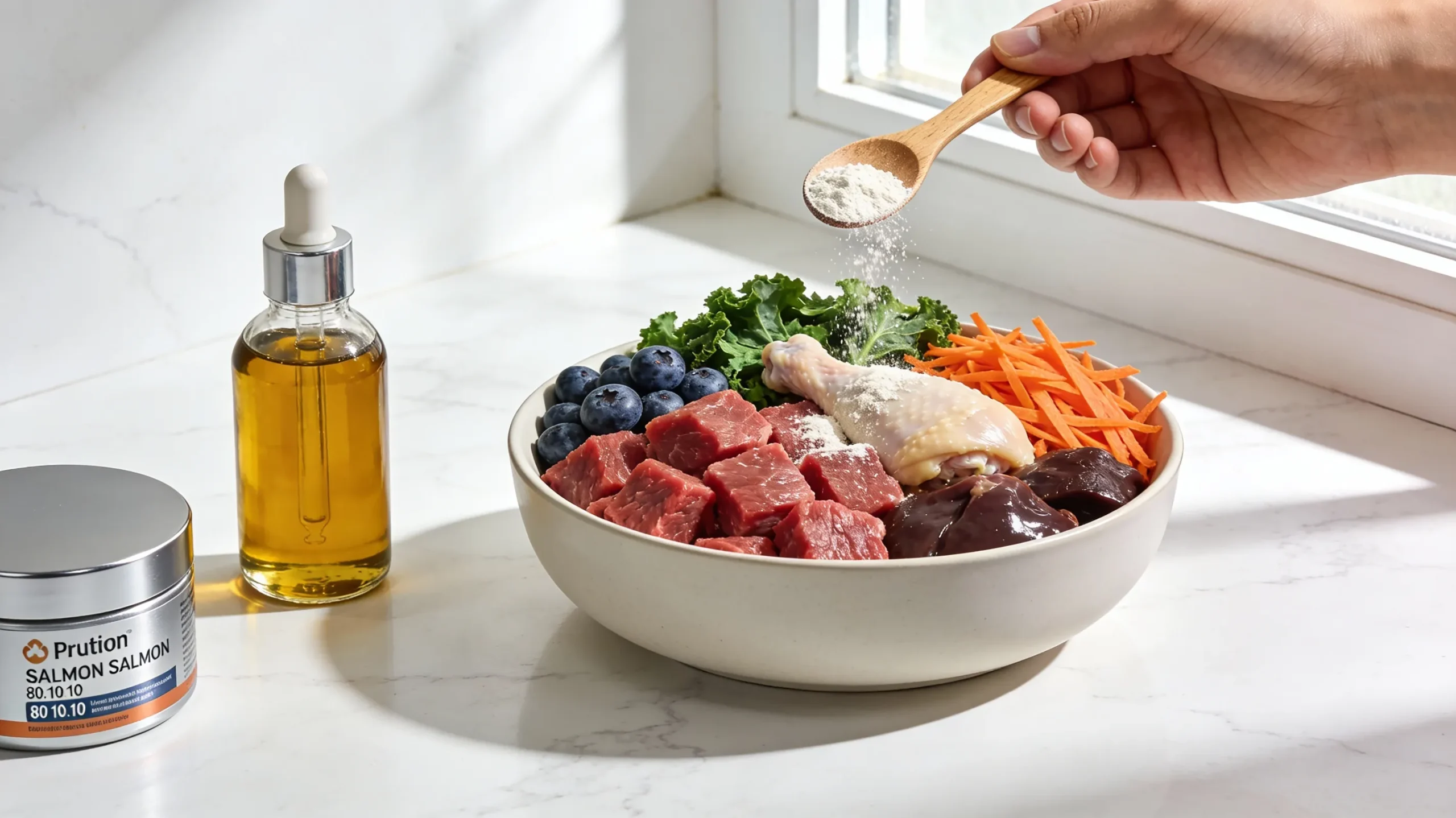 Raw feeding dog supplements including bone meal, vitamins, and oils