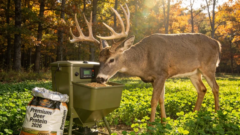Trophy whitetail buck consuming high-protein supplemental deer feed pellets