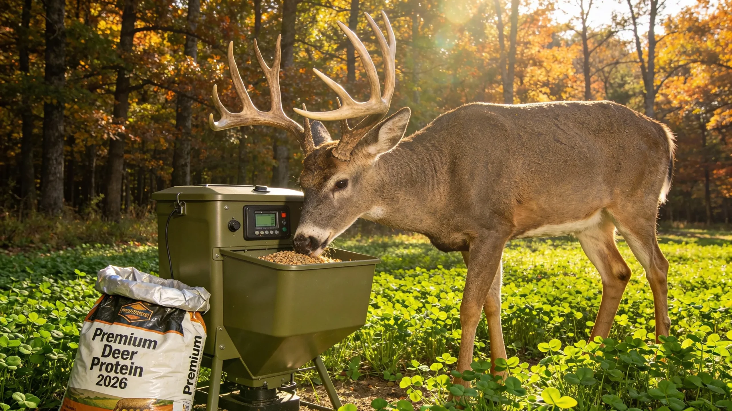 Trophy whitetail buck consuming high-protein supplemental deer feed pellets