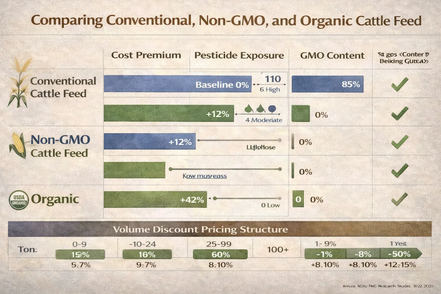Comparison chart showing non-GMO cattle feed vs organic vs conventional feed across cost, pesticide exposure, GMO content, and certification requirements