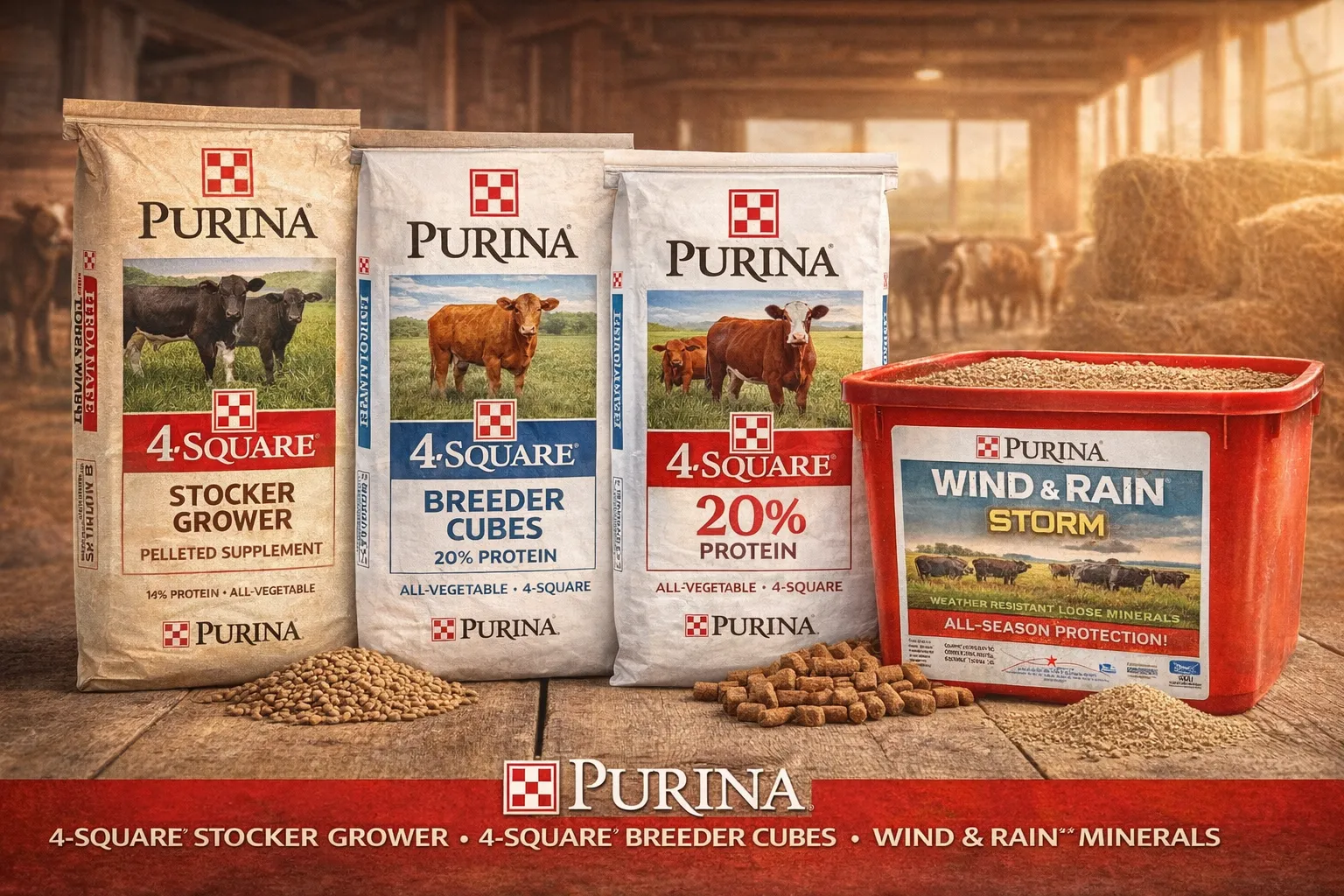 Purina cattle feed products including 4-Square Stocker Grower pellets, Breeder Cubes supplement, and Wind & Rain mineral lick for beef cattle nutrition