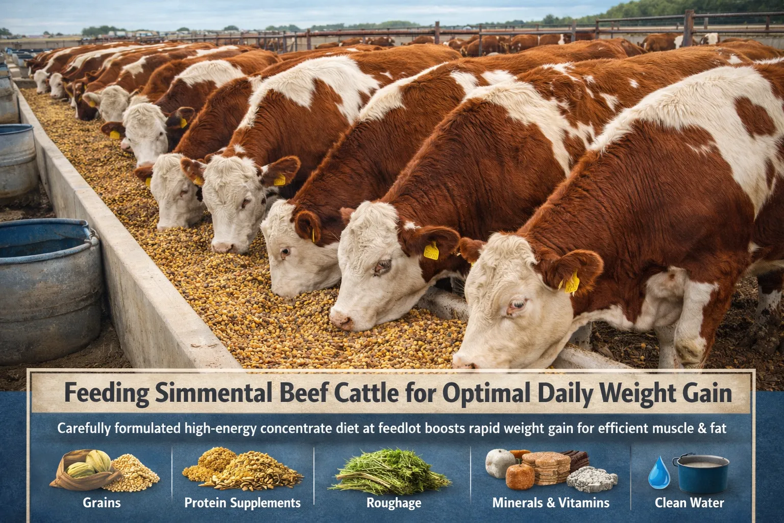 Beef cattle eating high-energy grain concentrate feed for rapid weight gain