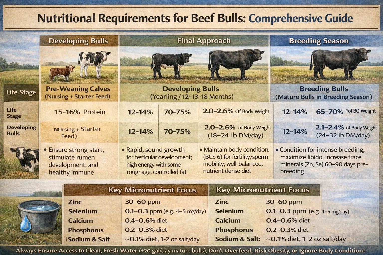 Comparison table showing daily protein, energy (TDN), and mineral requirements for growing versus mature breeding bulls at different life stages.