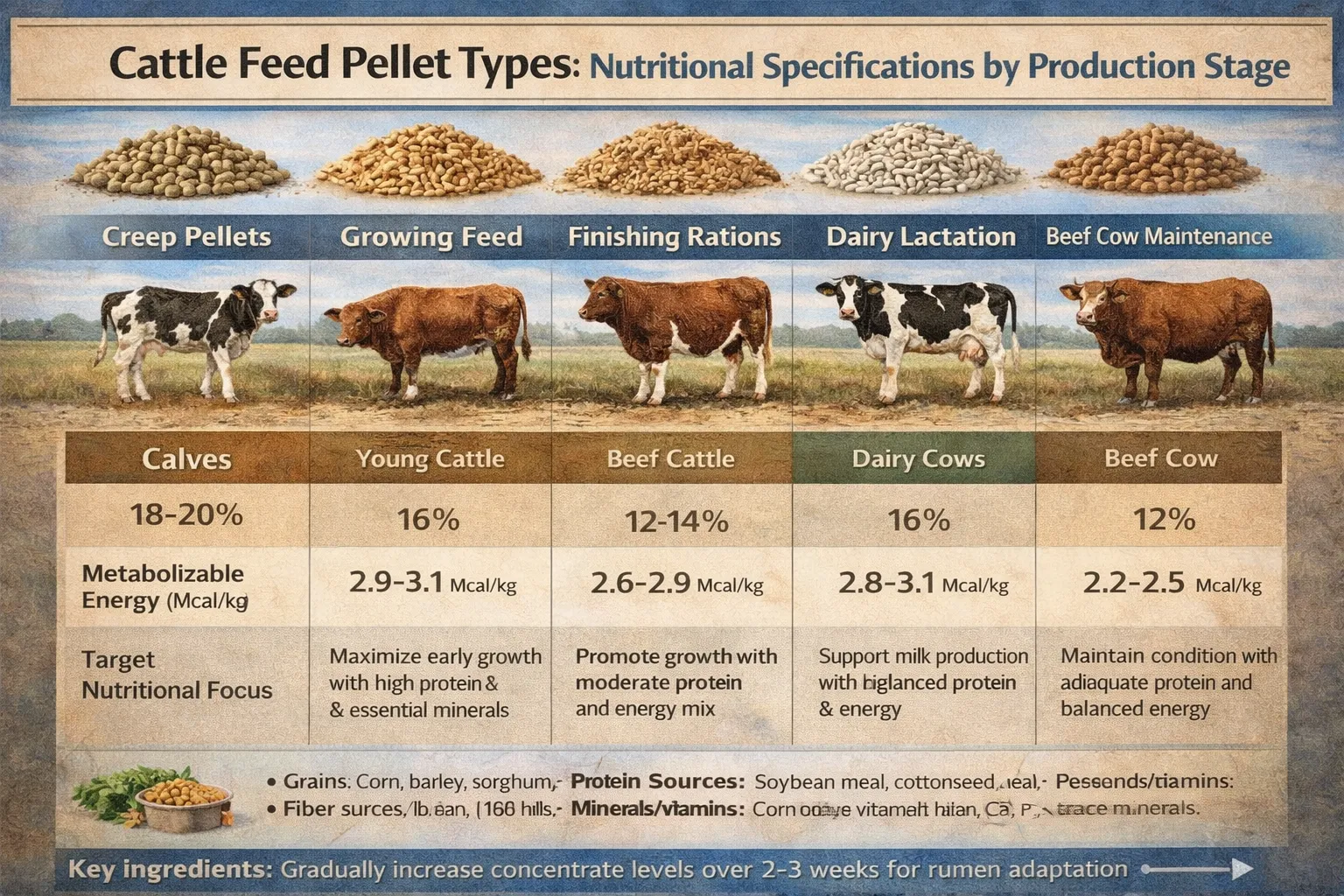 Comparison table showing 5 cattle feed pellet types with crude protein percentage, metabolizable energy levels, and target production stages for creep pellets, growing, finishing, dairy lactation, and beef cow maintenance