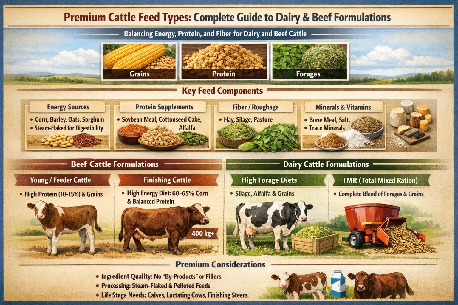 Comparison of cattle feed types including forage, concentrates, and supplements for dairy and beef cattle nutritional requirements