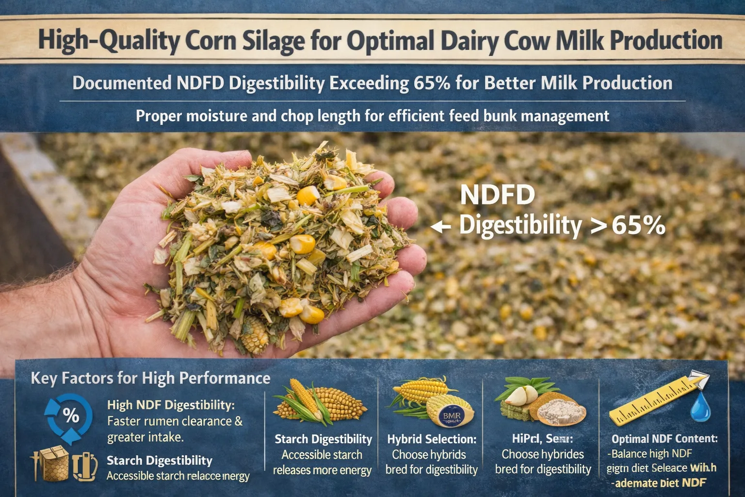 High-digestibility corn silage with optimal NDF content for dairy cow feeding to increase milk production