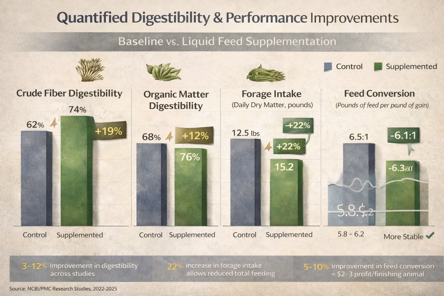 Comparative data chart showing 5-12% improvements in crude fiber digestibility, 
organic matter digestibility, forage intake, feed conversion efficiency, and rumen 
pH stability with liquid cattle feed supplementation