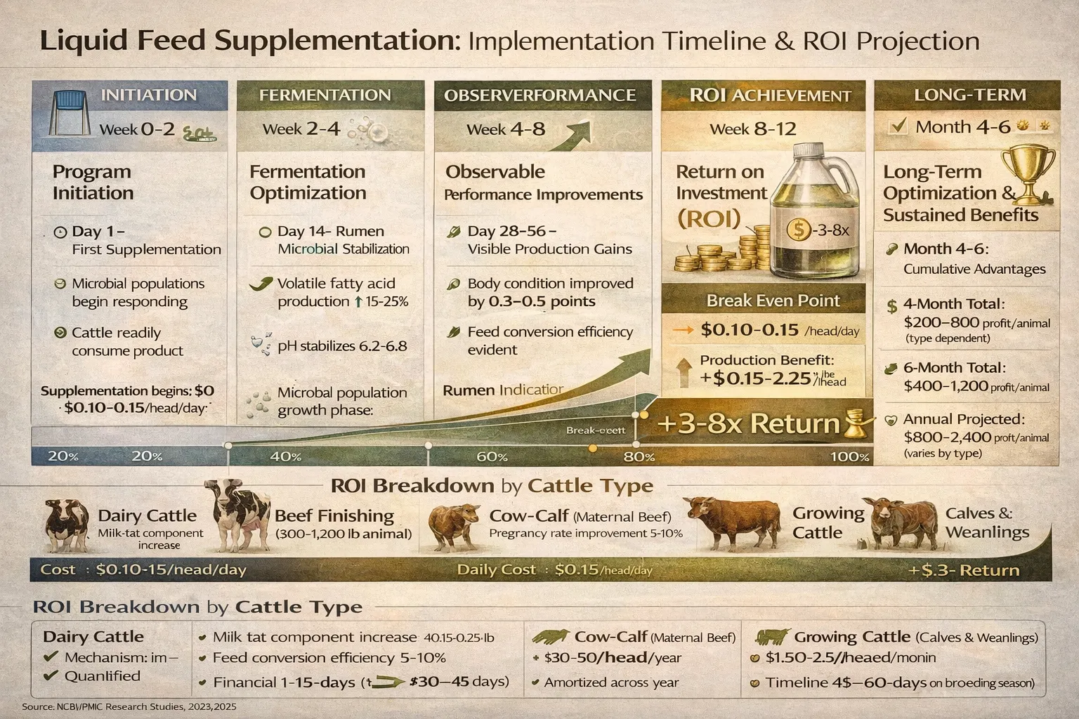 Implementation timeline infographic showing 7-day fermentation onset, 3-4 week observable 
performance improvements, and 30-60 day ROI achievement for liquid cattle feed 
supplementation programs, with cattle-type specific financial breakdowns