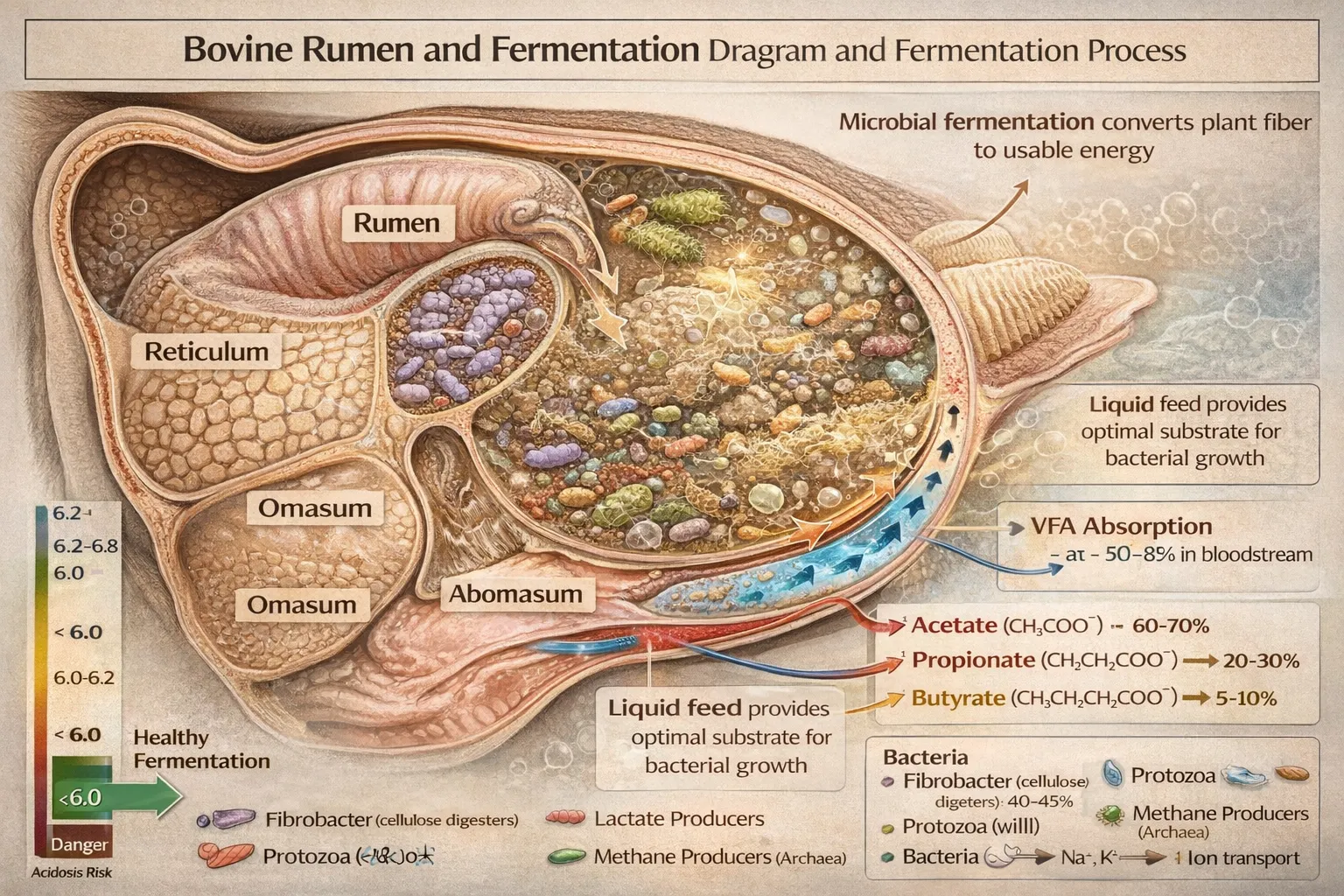 Detailed anatomical cross-section diagram of cattle rumen showing microbial fermentation 
process, bacterial populations, and volatile fatty acid production and absorption