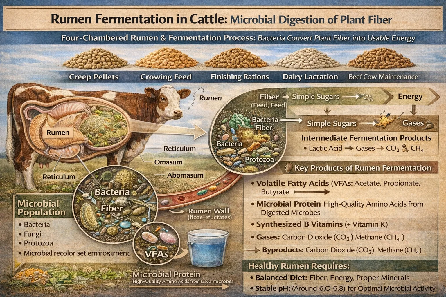 Diagram showing rumen fermentation process converting forage into volatile fatty acids for cattle energy production