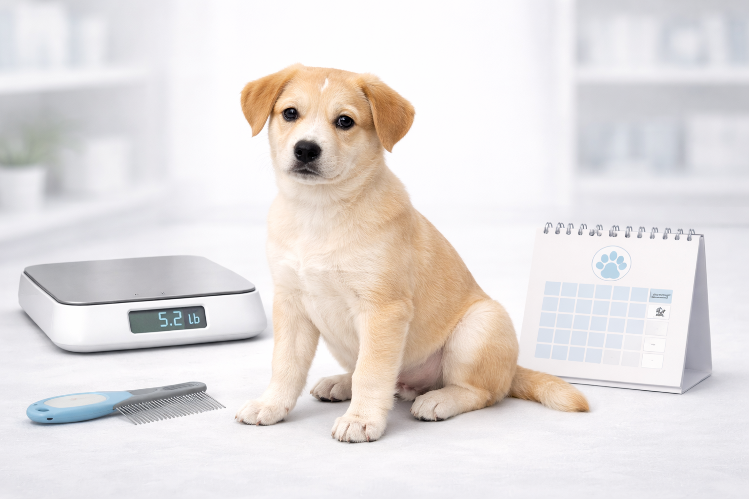 Safe flea treatment for puppies explained by age and weight, showing a young puppy with a flea comb in a clean home environment