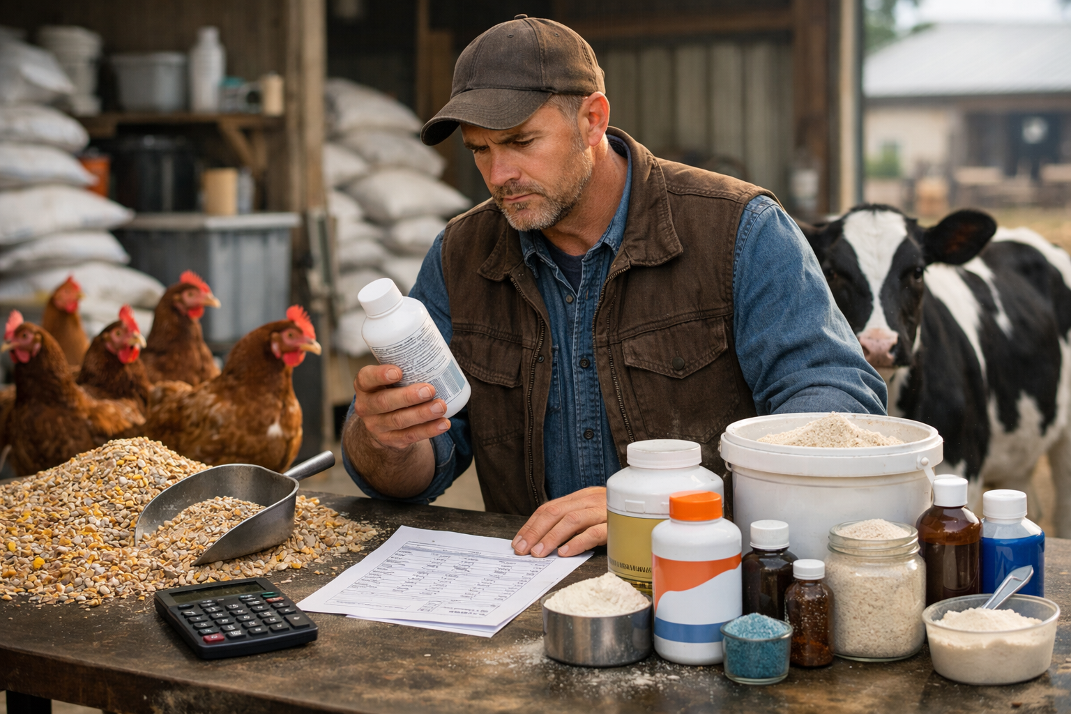 Animal feed supplements for livestock and poultry shown as a practical farm nutrition decision with poultry, cattle feed materials, mineral and vitamin supplement products, and a farmer comparing formulas