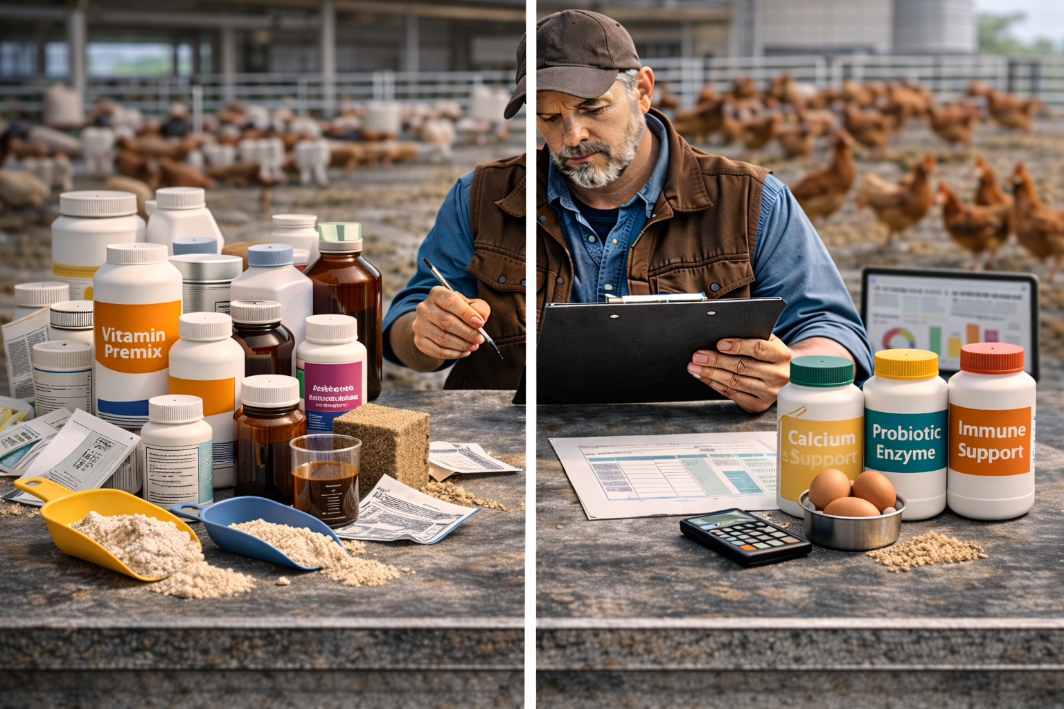 Poultry farmer comparing different feed supplements for chicken growth, egg production, gut health, and immunity