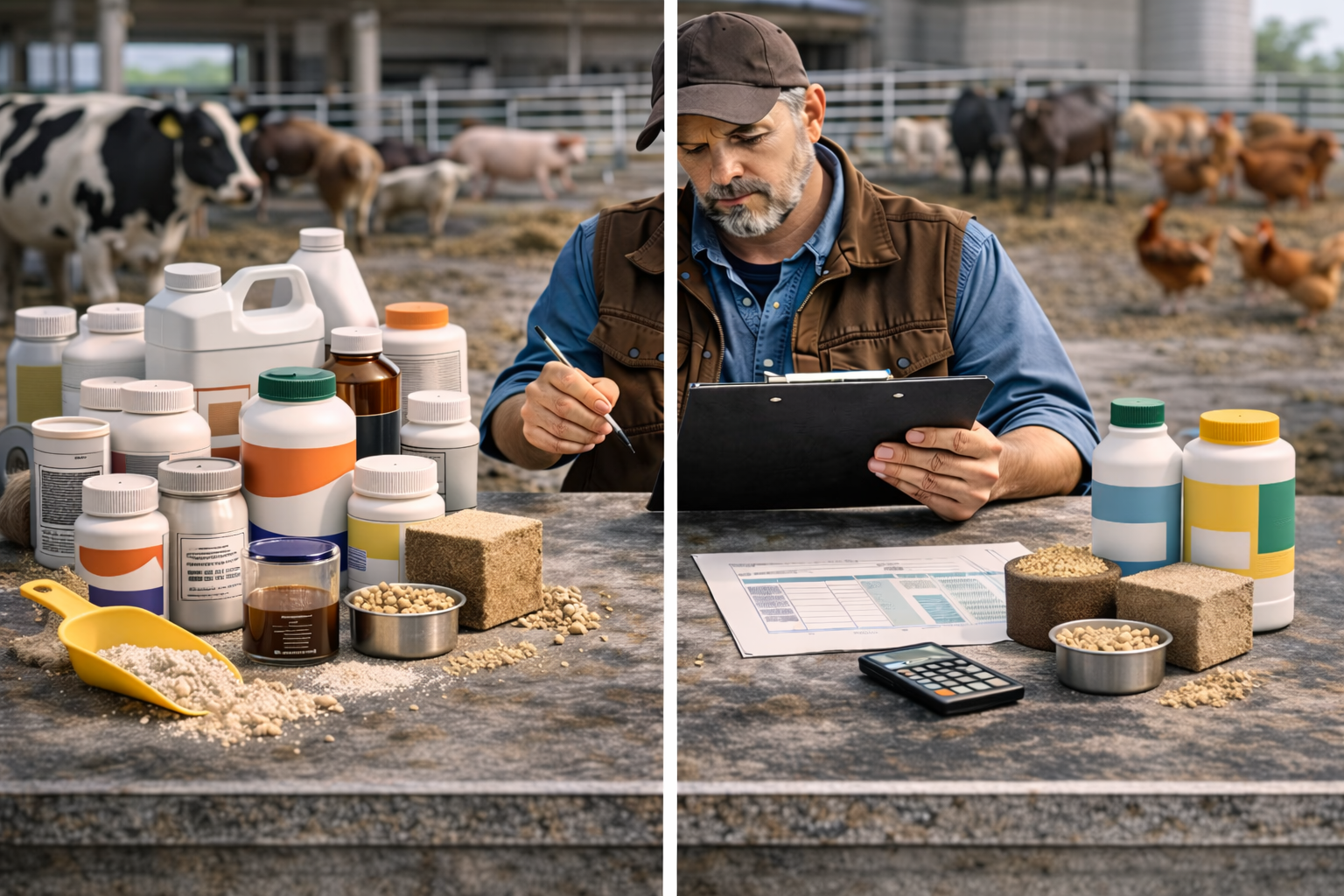 Livestock farmer comparing vitamin and mineral feed supplements for multiple farm animals