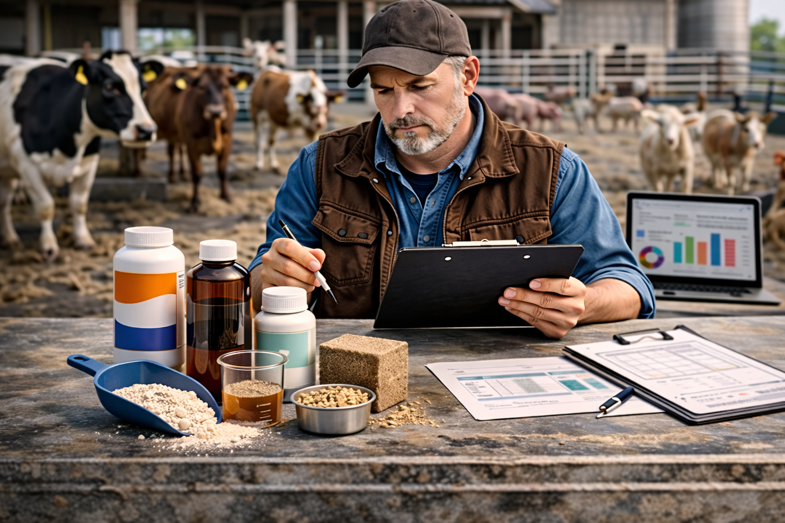 Farmer comparing livestock feed supplements to improve animal health and growth