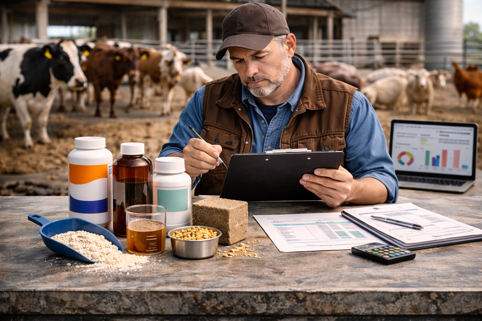 Farmer comparing livestock feed supplements to improve animal health and growth