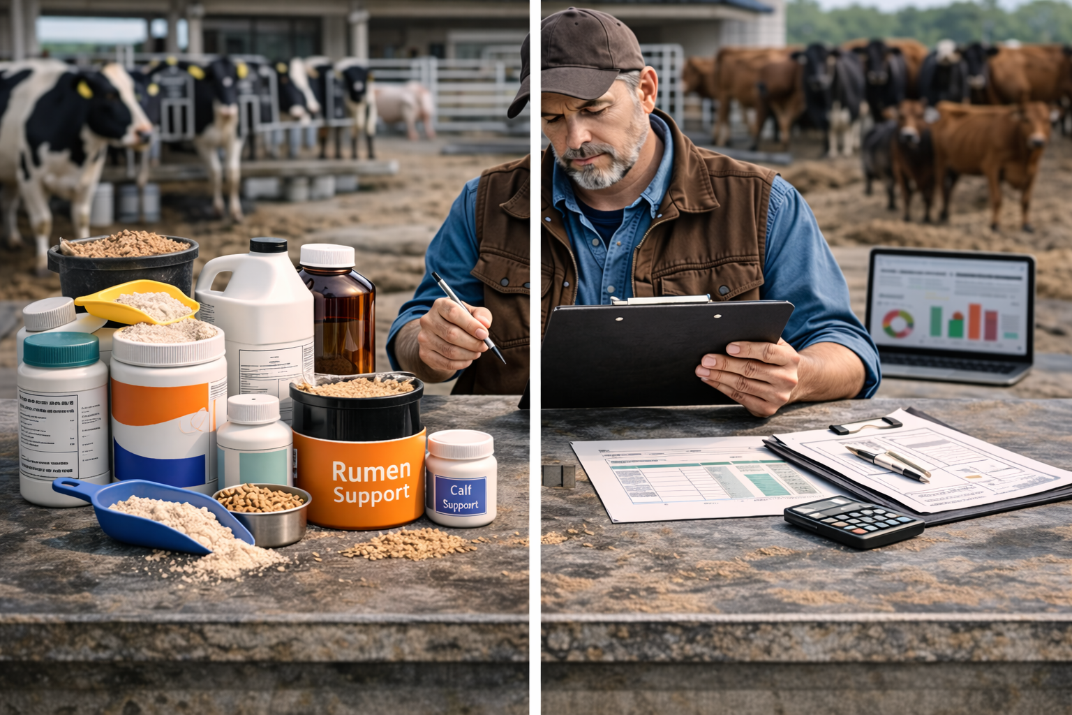 Cattle producer comparing feed supplements for dairy and beef herds including minerals, protein, liquid feed, and rumen support products