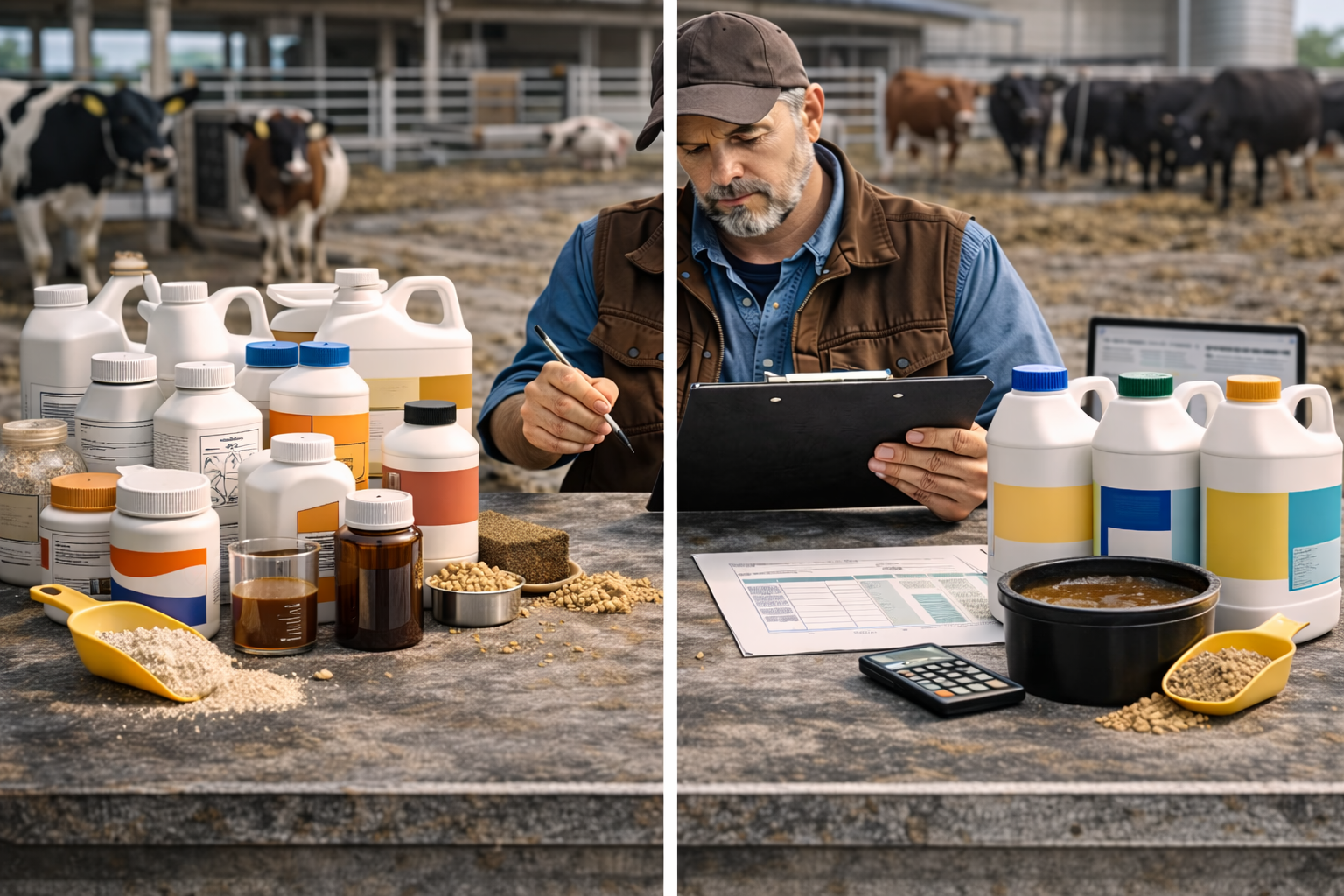 Farmer comparing liquid feed supplements for cattle and farm animals by type, feeding method, and herd use case