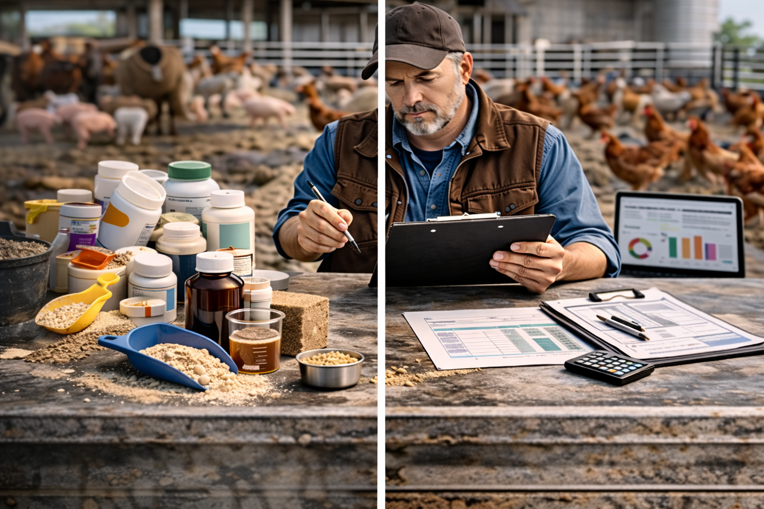 Poultry farmer comparing feed supplement types for stronger flocks, better growth, egg quality, and feed efficiency
