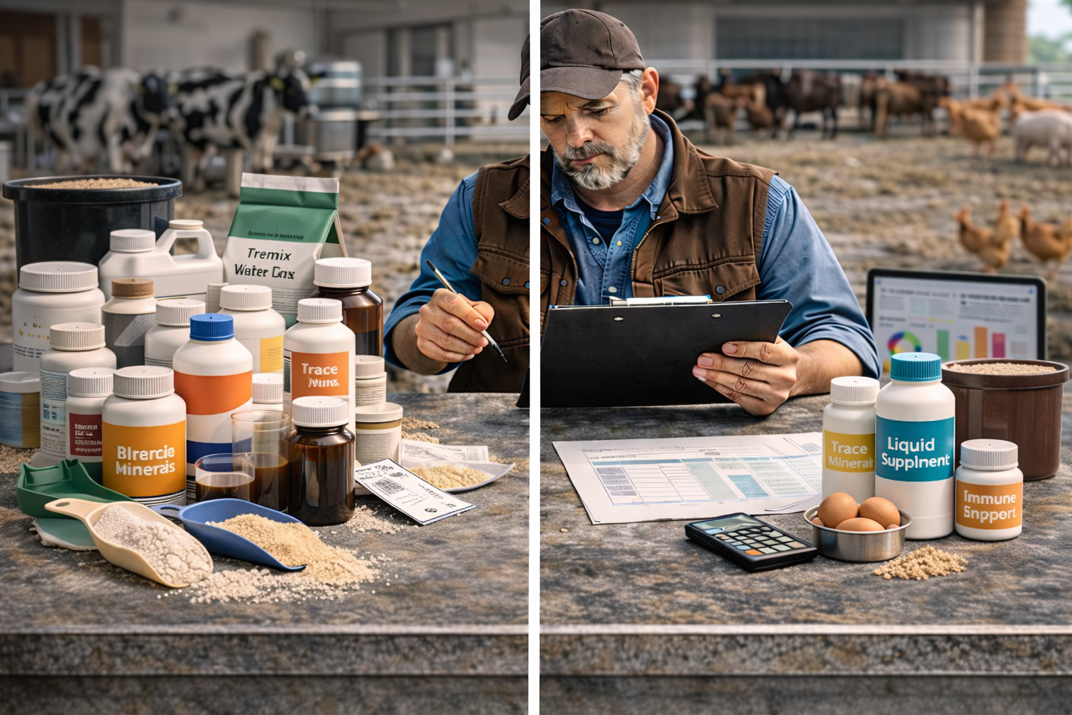 Essential vitamin and mineral feed supplements for farm animals displayed for cattle, poultry, and livestock nutrition planning