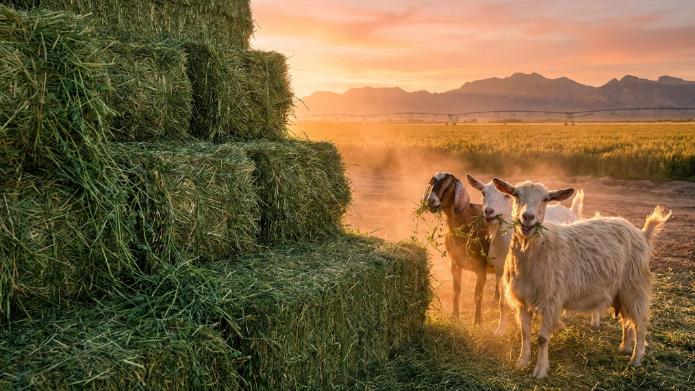 High quality alfalfa hay bales for goats on California farm with dairy goats feeding