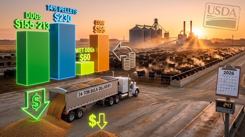 2026 USA bulk cattle feed prices per ton chart - DDGs $155-213, 14% pellets $230-295, regional costs comparison
